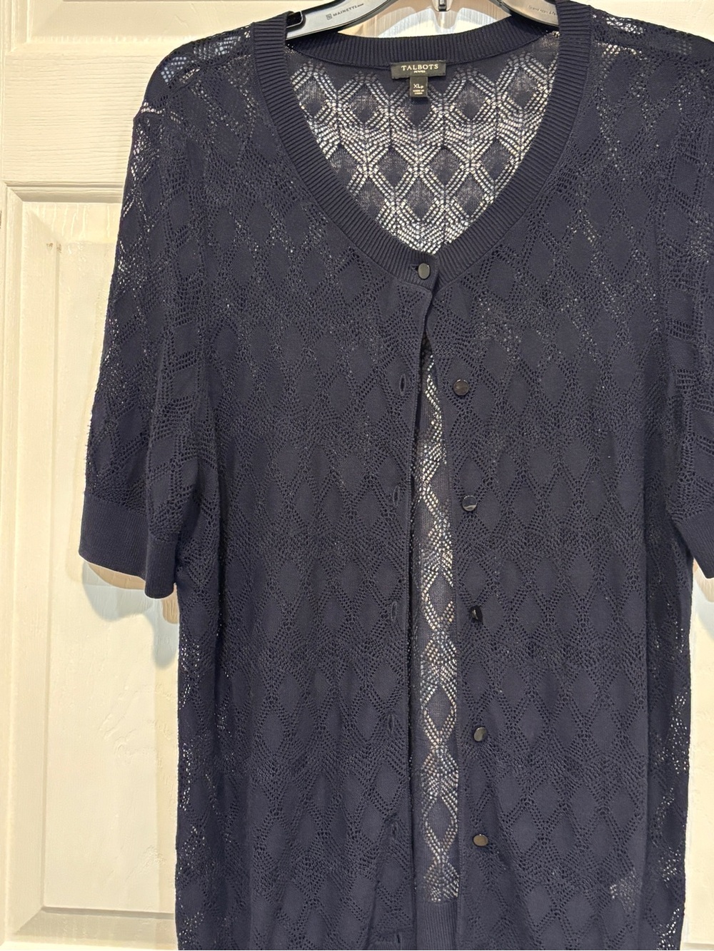 Talbots Navy Short-Sleeve Openwork Knit Cardigan
